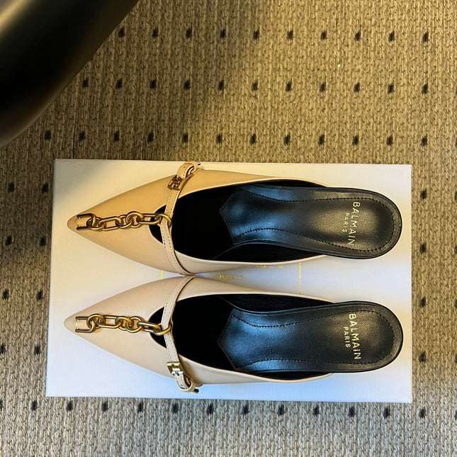 BALMAIN 26S GOLD CHAIN HIGH HEEL MULES 45 MM IN BEIGE CALFSKIN