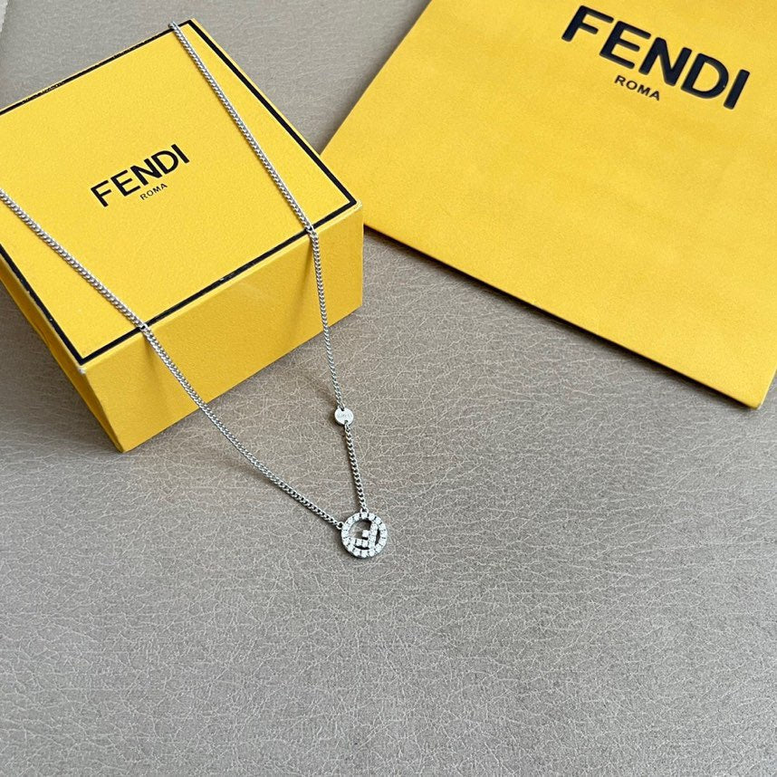 FENDI 26S FF CRYSTAL PENDANT NECKLACE IN SILVER TONE METAL 629952