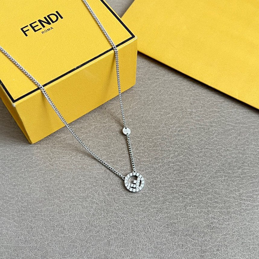 FENDI 26S FF CRYSTAL PENDANT NECKLACE IN SILVER TONE METAL 629952