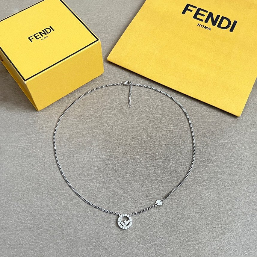 FENDI 26S FF CRYSTAL PENDANT NECKLACE IN SILVER TONE METAL 629952