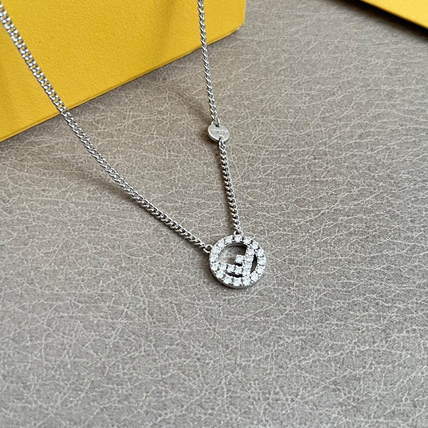 FENDI 26S FF CRYSTAL PENDANT NECKLACE IN SILVER TONE METAL 629952