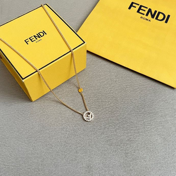 FENDI 26S FF CRYSTAL PENDANT NECKLACE IN GOLD TONE METAL 629953