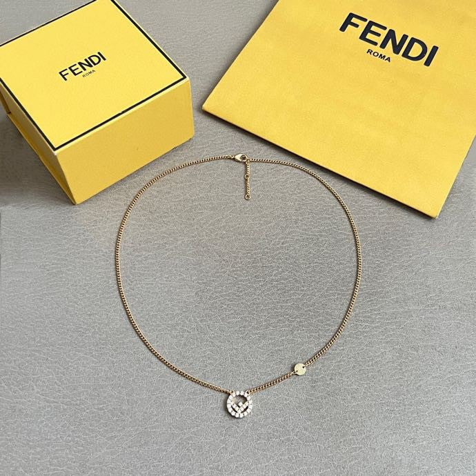 FENDI 26S FF CRYSTAL PENDANT NECKLACE IN GOLD TONE METAL 629953