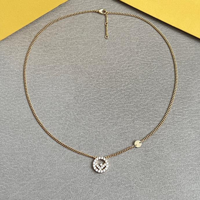 FENDI 26S FF CRYSTAL PENDANT NECKLACE IN GOLD TONE METAL 629953