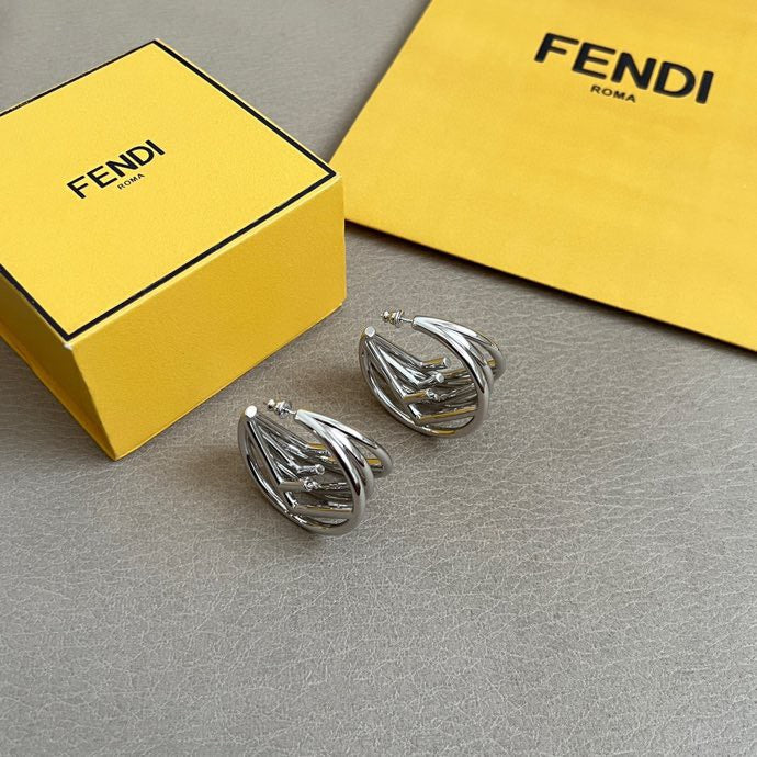 FENDI 26S GEOMETRIC CAGE HOOP EARRINGS IN SILVER TONE METAL 629958
