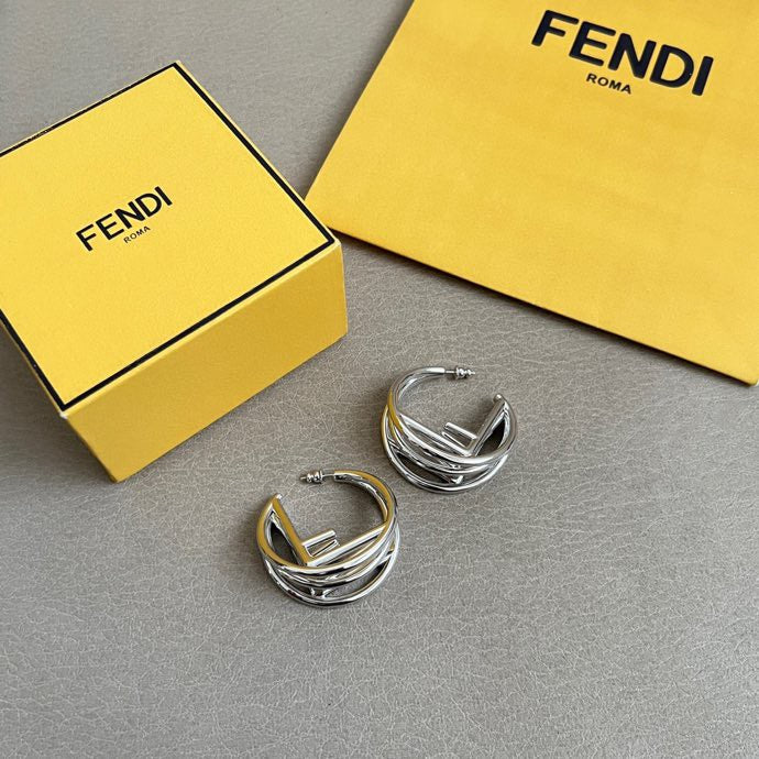 FENDI 26S GEOMETRIC CAGE HOOP EARRINGS IN SILVER TONE METAL 629958