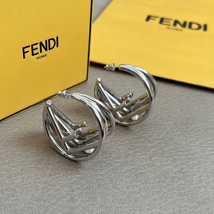 FENDI 26S GEOMETRIC CAGE HOOP EARRINGS IN SILVER TONE METAL 629958