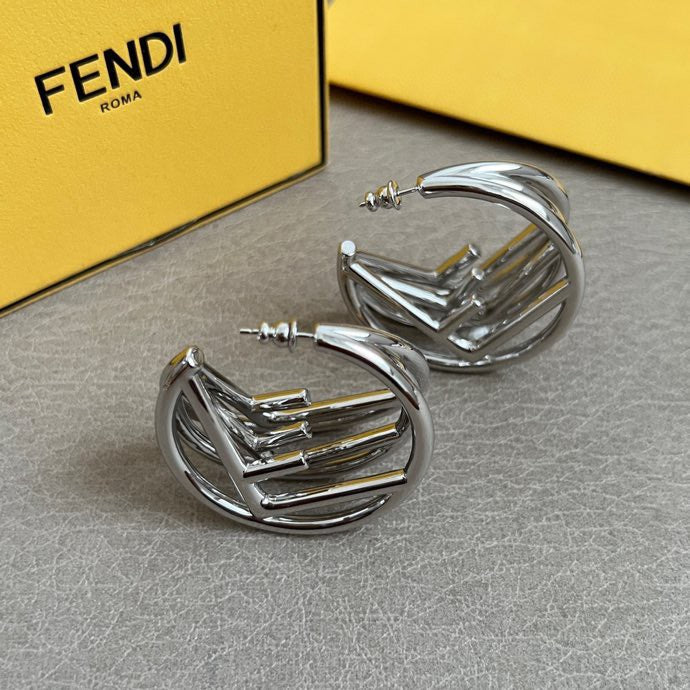 FENDI 26S GEOMETRIC CAGE HOOP EARRINGS IN SILVER TONE METAL 629958