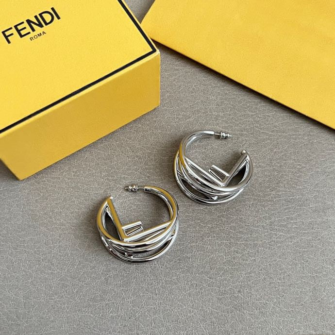 FENDI 26S GEOMETRIC CAGE HOOP EARRINGS IN SILVER TONE METAL 629958