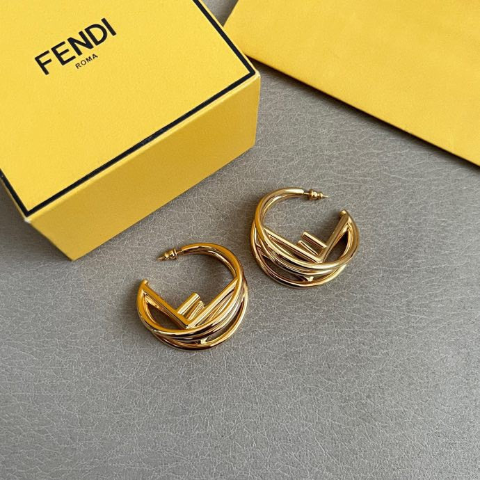 FENDI 26S GEOMETRIC CAGE HOOP EARRINGS IN GOLD TONE METAL 629959