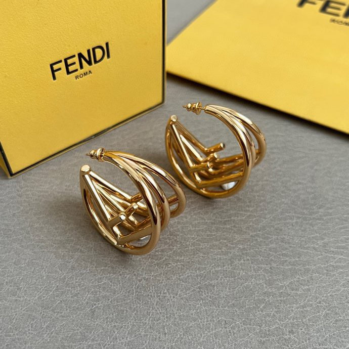 FENDI 26S GEOMETRIC CAGE HOOP EARRINGS IN GOLD TONE METAL 629959