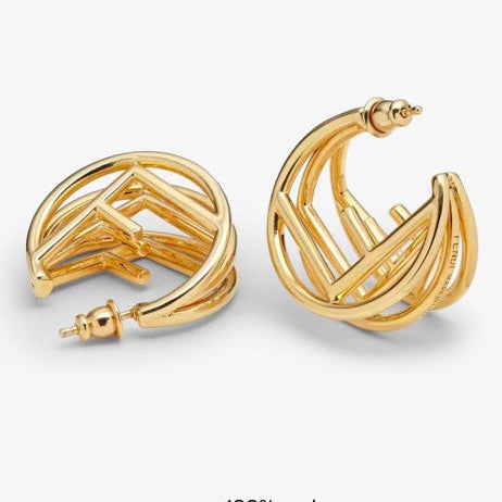 FENDI 26S GEOMETRIC CAGE HOOP EARRINGS IN GOLD TONE METAL 629959