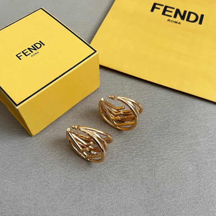 FENDI 26S GEOMETRIC CAGE HOOP EARRINGS IN GOLD TONE METAL 629959