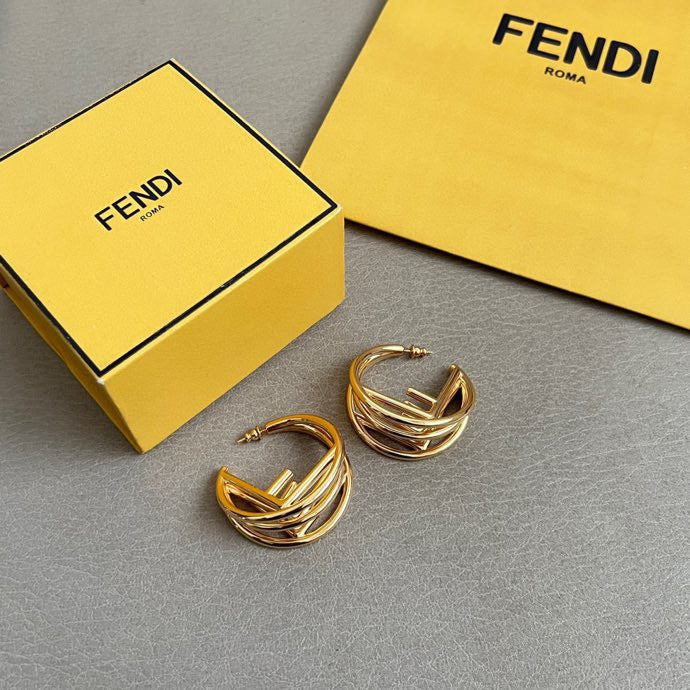 FENDI 26S GEOMETRIC CAGE HOOP EARRINGS IN GOLD TONE METAL 629959