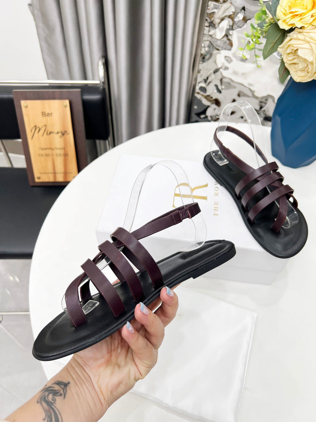 THE ROW 26S MINIMAL STRAPPY FLAT SANDALS IN WINE RED CALFSKIN