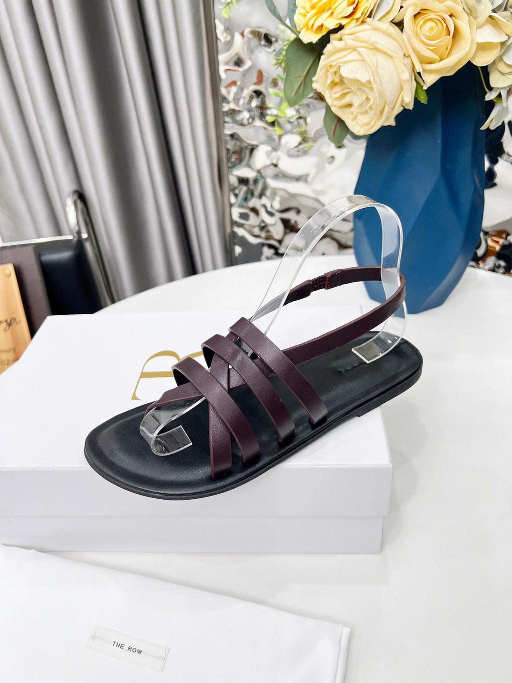 THE ROW 26S MINIMAL STRAPPY FLAT SANDALS IN WINE RED CALFSKIN