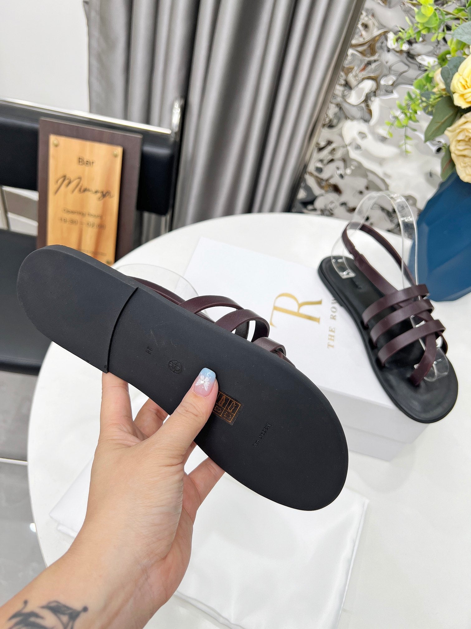 THE ROW 26S MINIMAL STRAPPY FLAT SANDALS IN WINE RED CALFSKIN