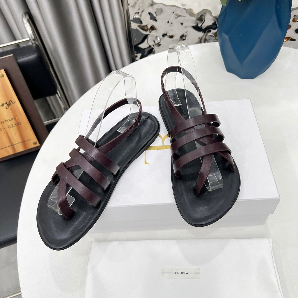 THE ROW 26S MINIMAL STRAPPY FLAT SANDALS IN WINE RED CALFSKIN