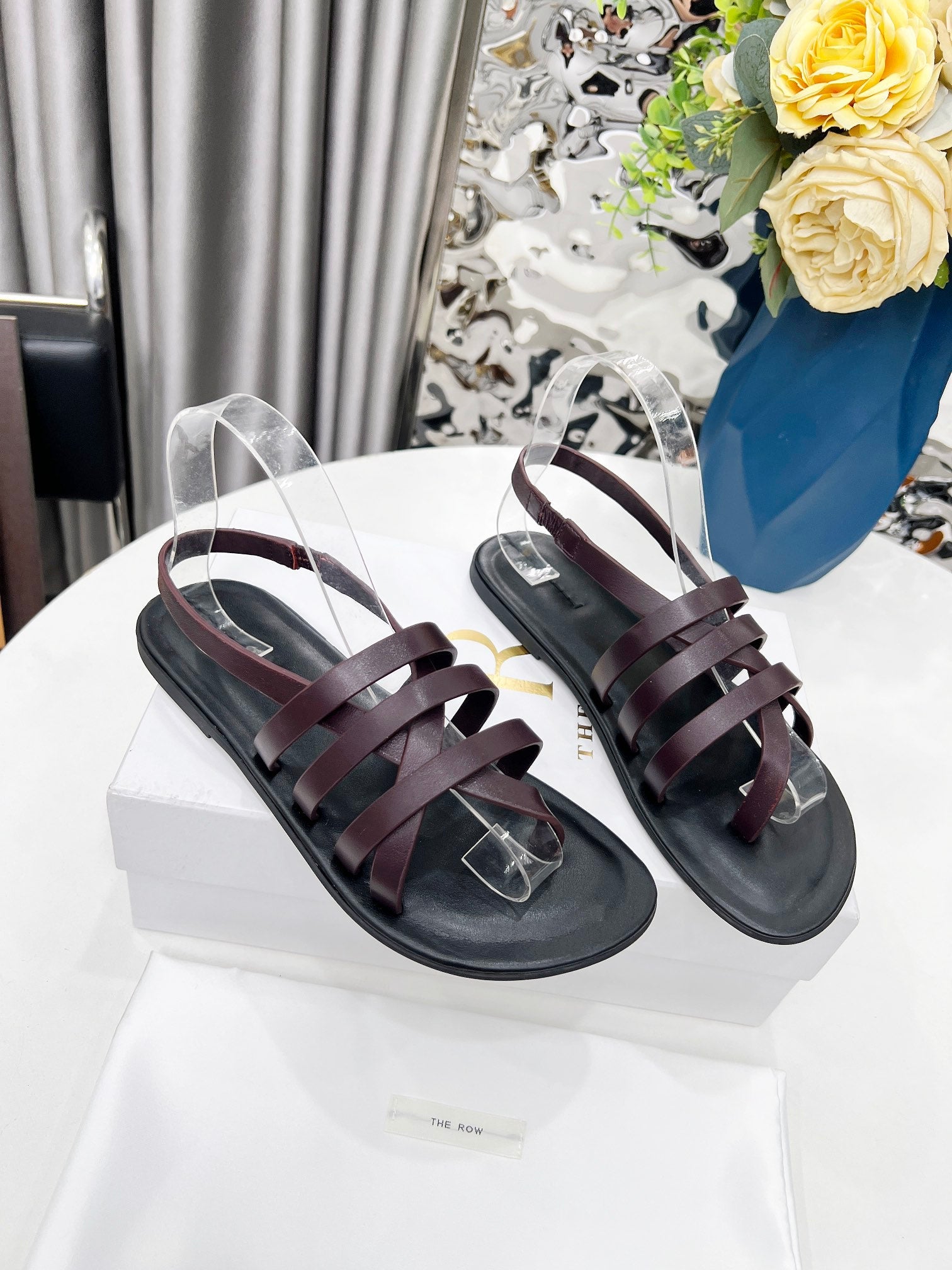 THE ROW 26S MINIMAL STRAPPY FLAT SANDALS IN WINE RED CALFSKIN