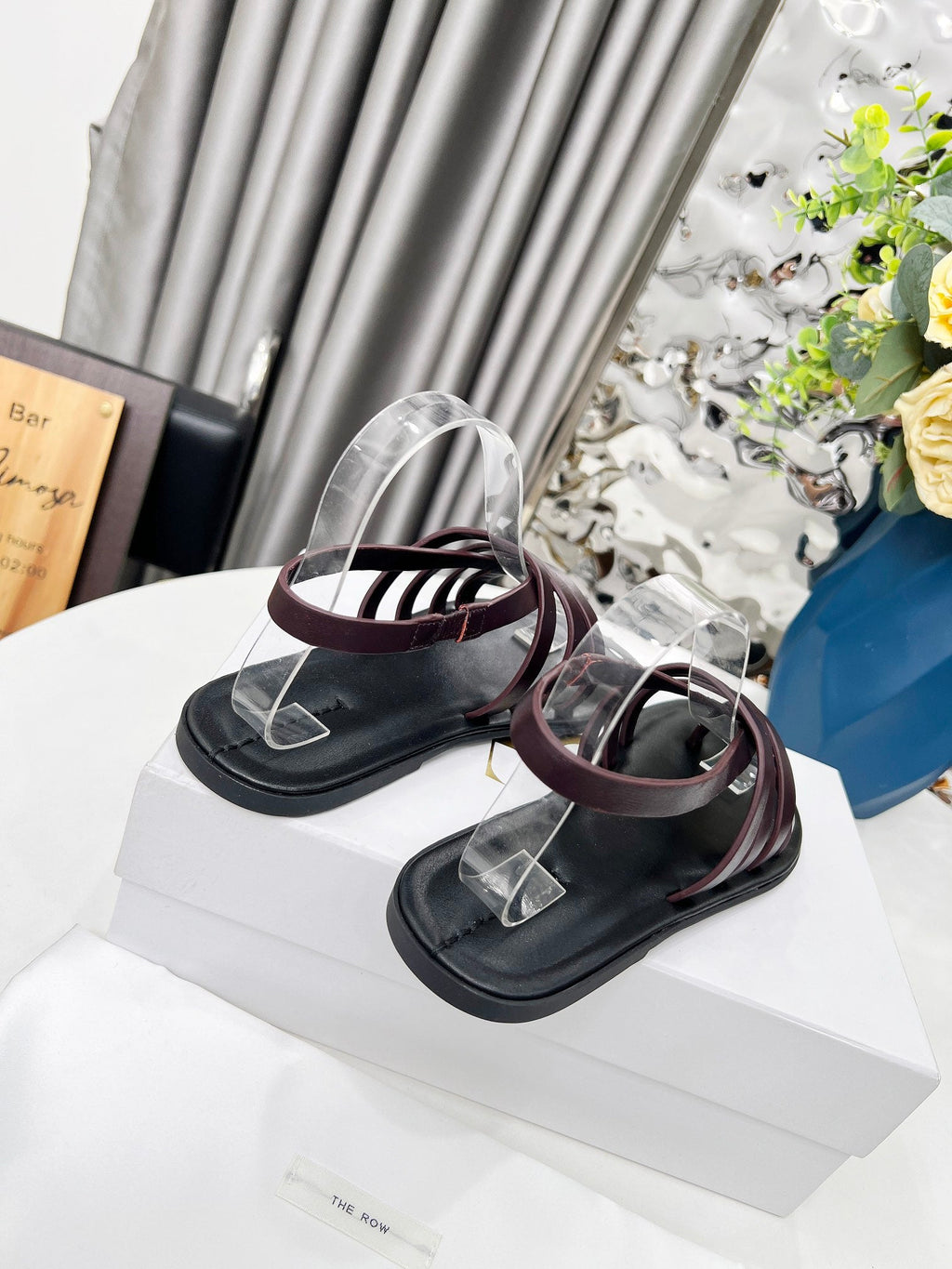 THE ROW 26S MINIMAL STRAPPY FLAT SANDALS IN WINE RED CALFSKIN