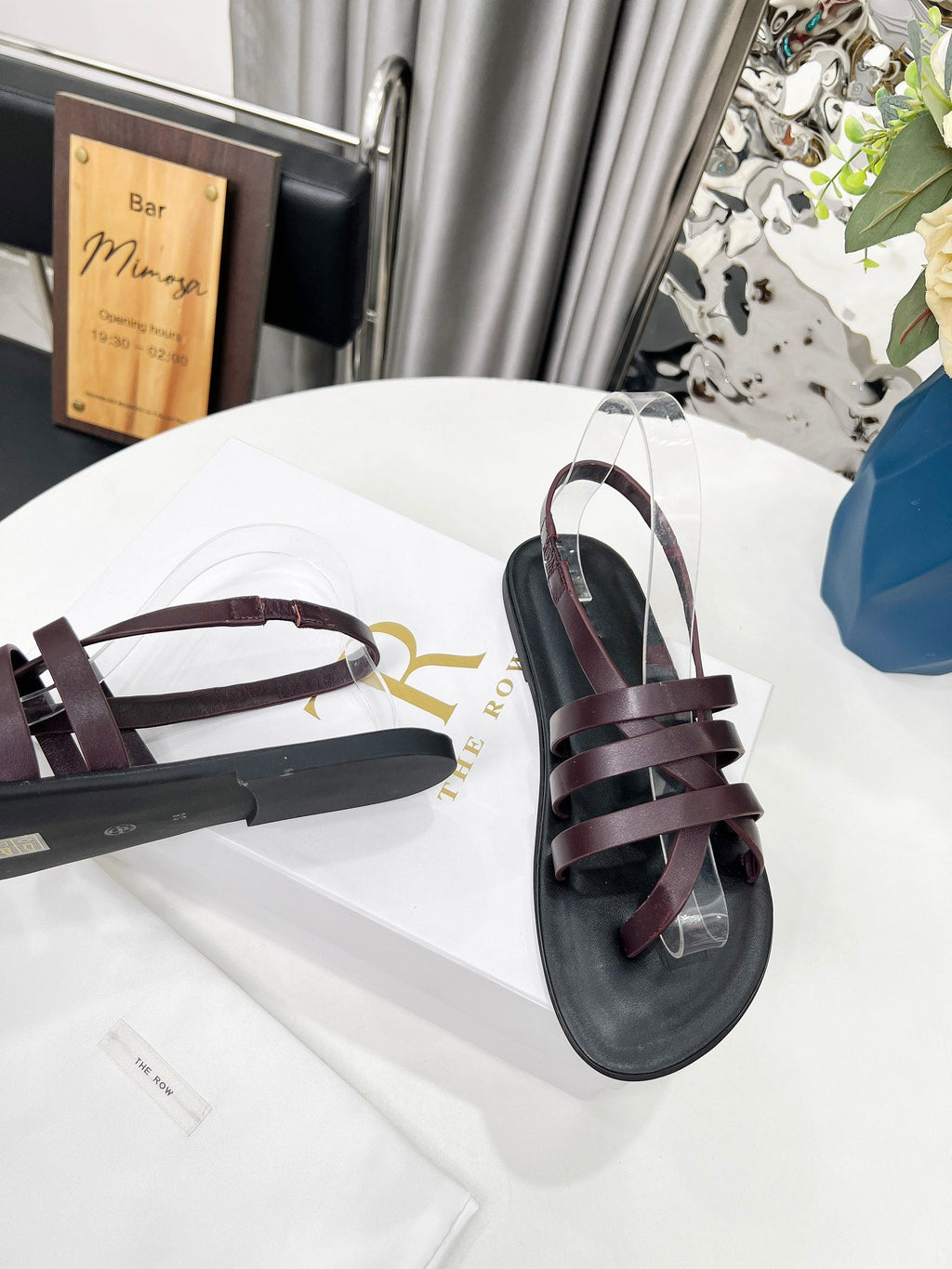 THE ROW 26S MINIMAL STRAPPY FLAT SANDALS IN WINE RED CALFSKIN