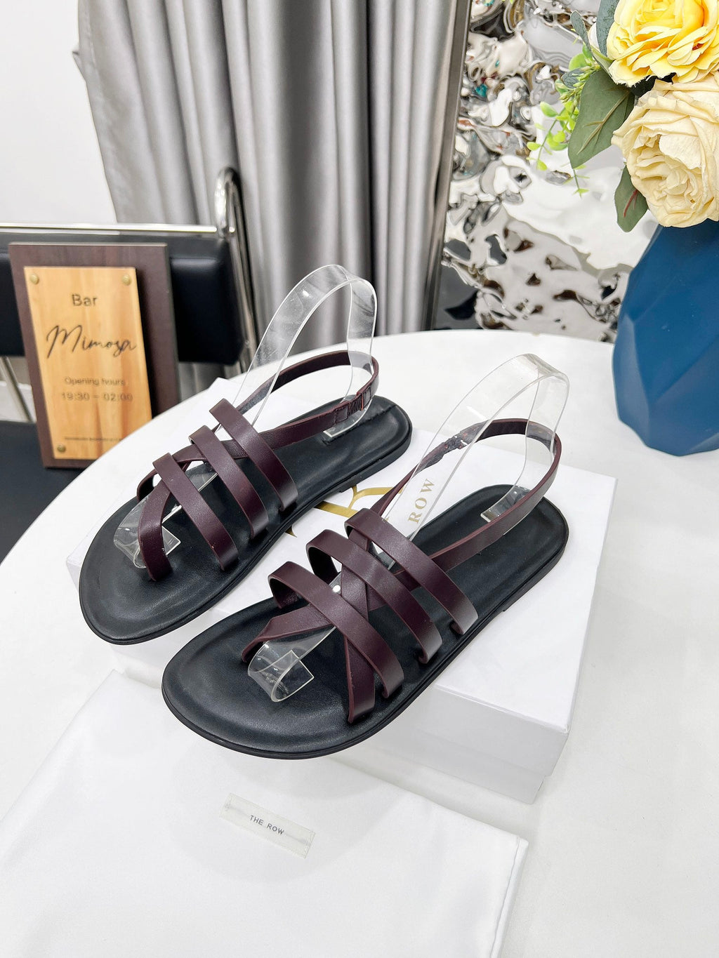 THE ROW 26S MINIMAL STRAPPY FLAT SANDALS IN WINE RED CALFSKIN