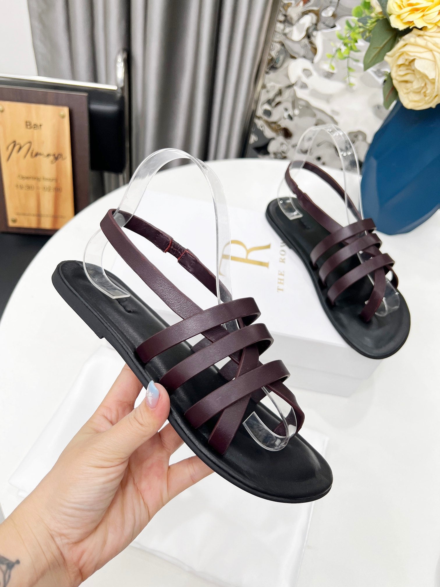 THE ROW 26S MINIMAL STRAPPY FLAT SANDALS IN WINE RED CALFSKIN