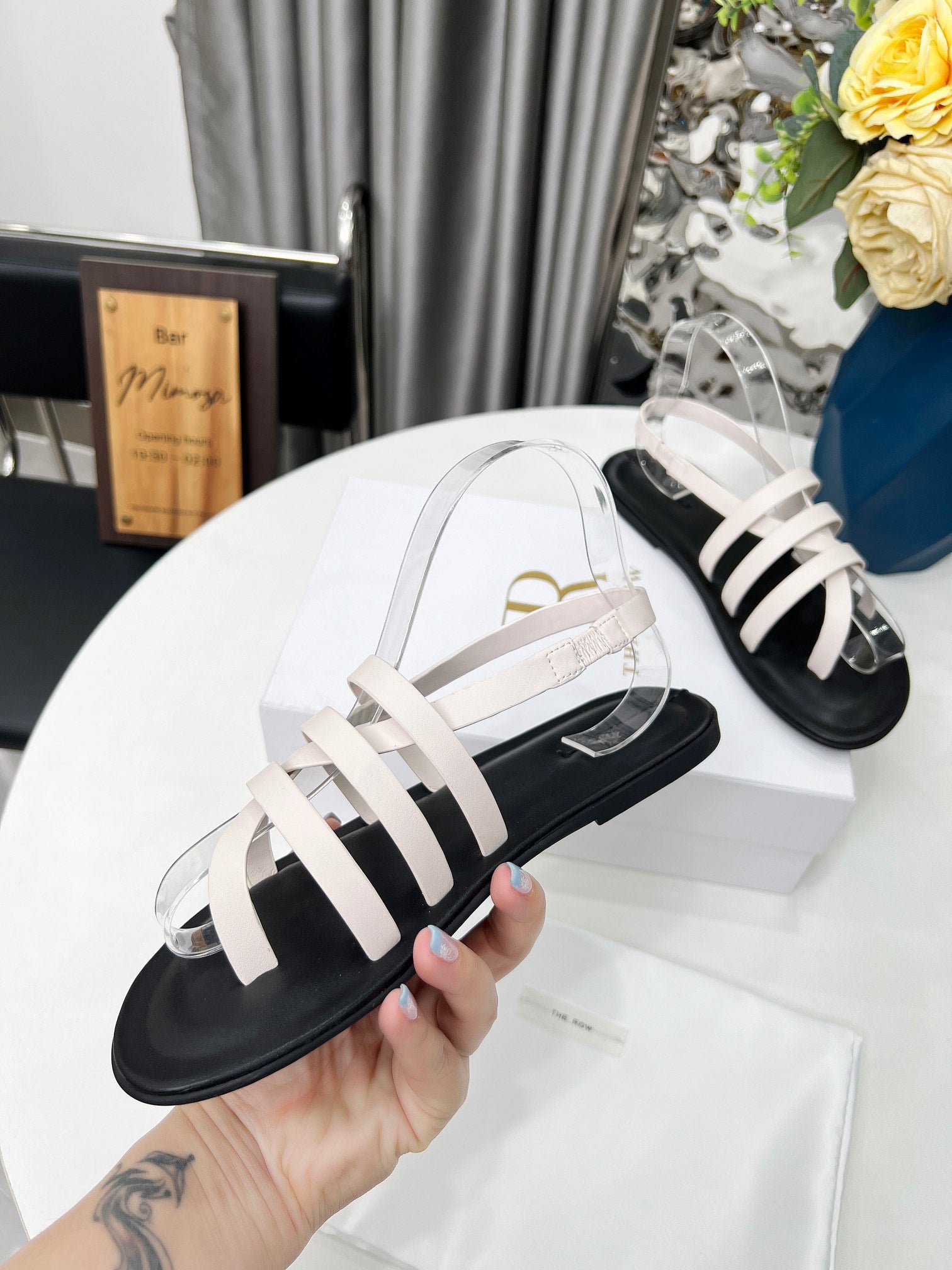 THE ROW 26S MINIMAL STRAPPY FLAT SANDALS IN WHITE CALFSKIN