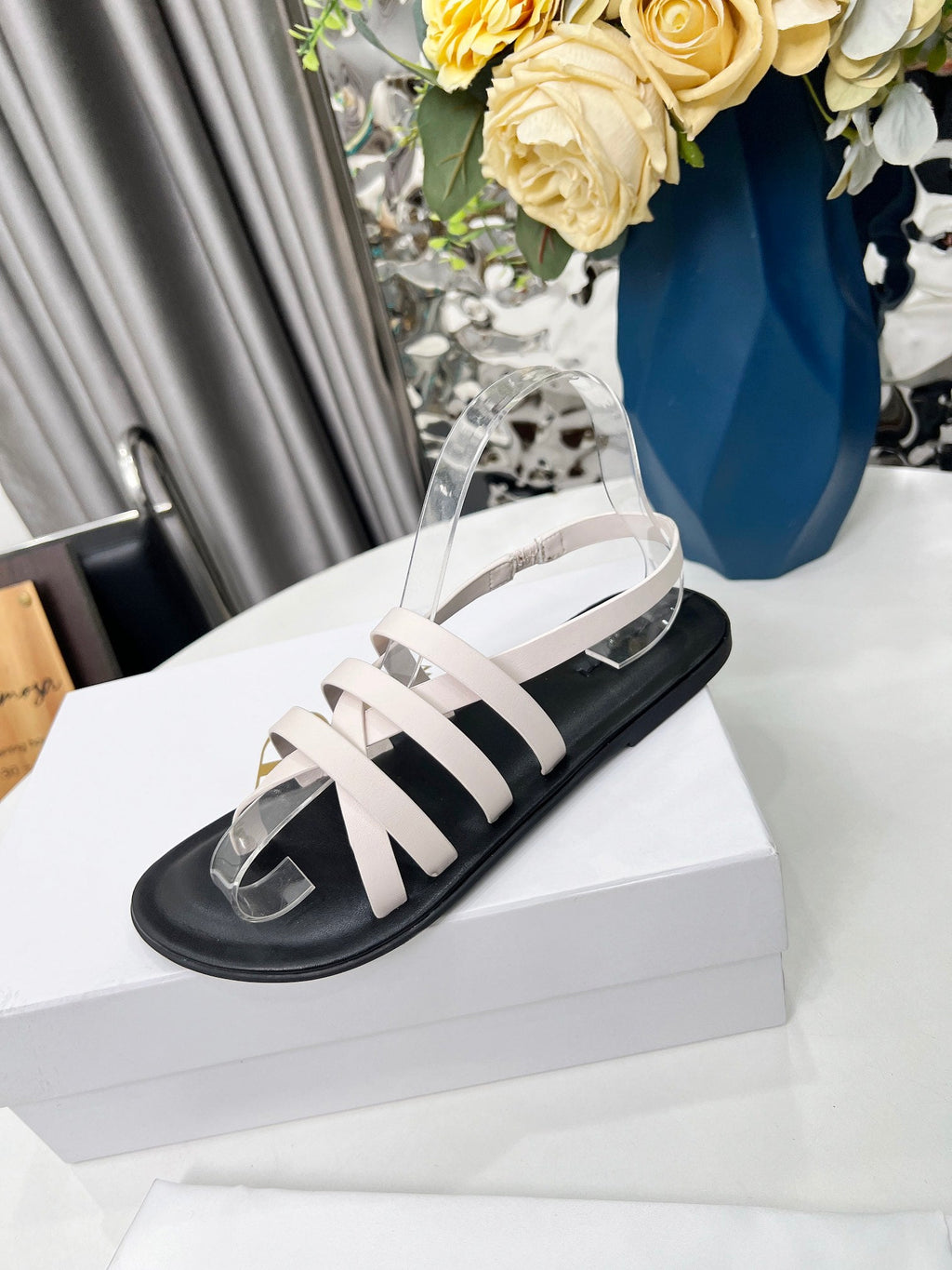 THE ROW 26S MINIMAL STRAPPY FLAT SANDALS IN WHITE CALFSKIN