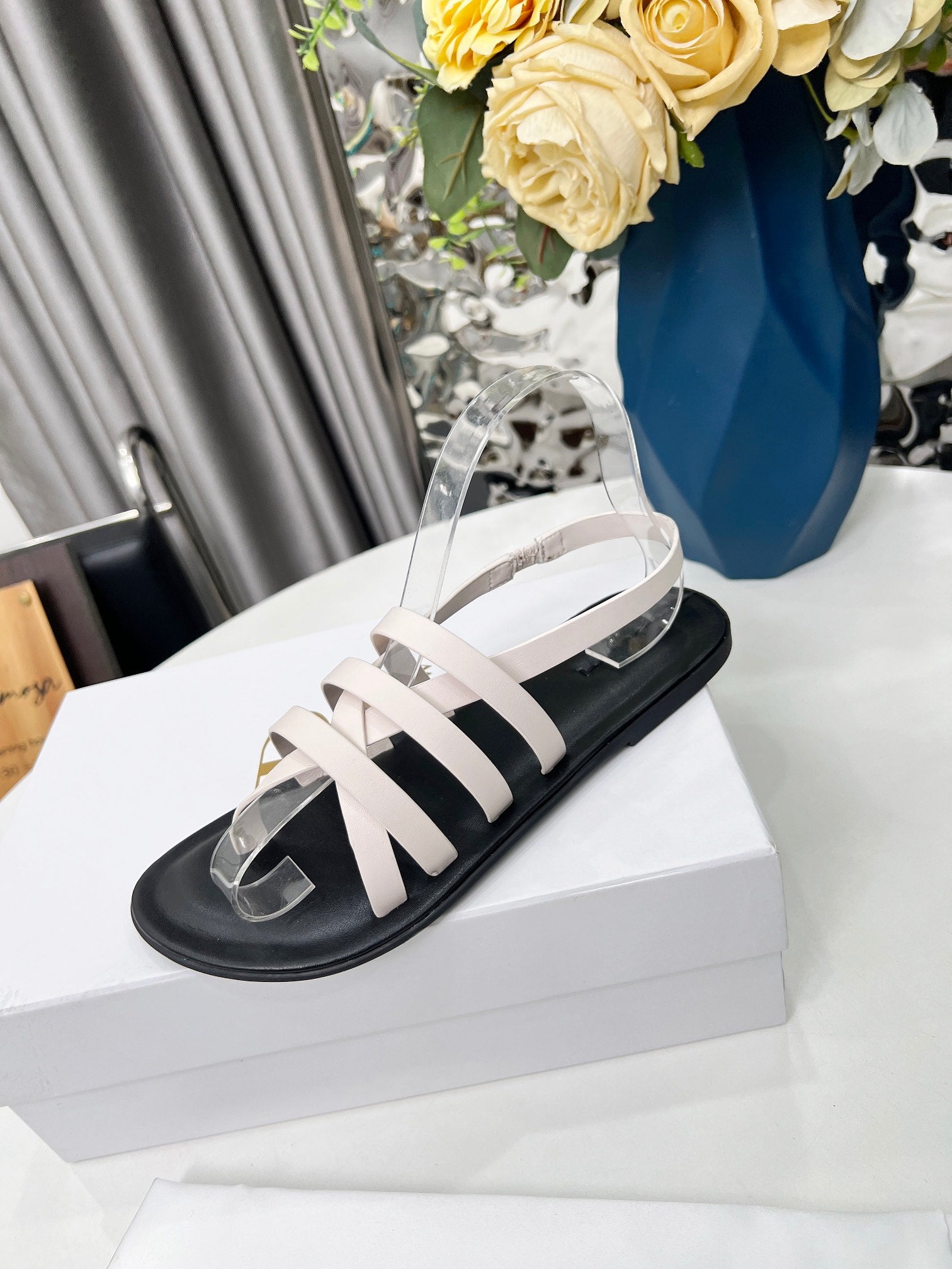 THE ROW 26S MINIMAL STRAPPY FLAT SANDALS IN WHITE CALFSKIN