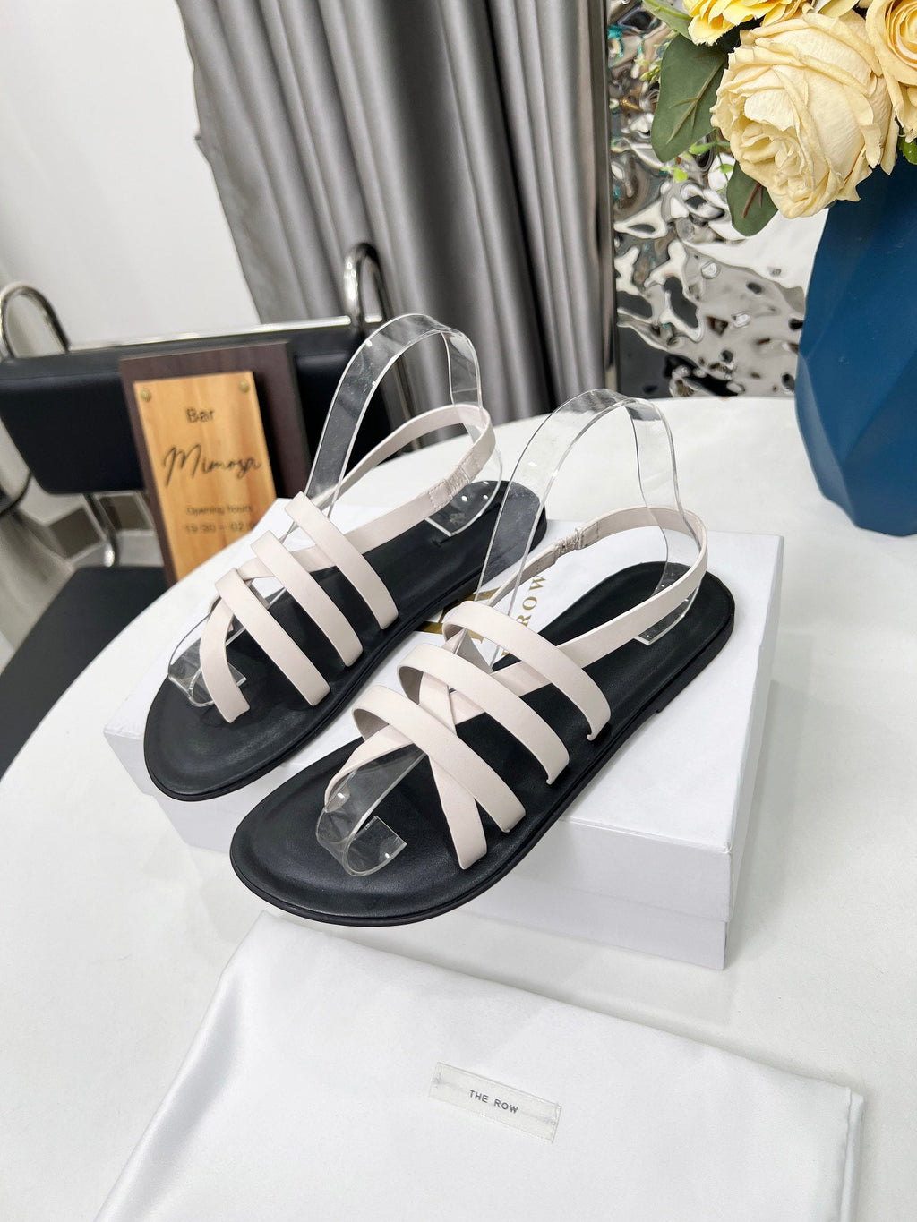 THE ROW 26S MINIMAL STRAPPY FLAT SANDALS IN WHITE CALFSKIN