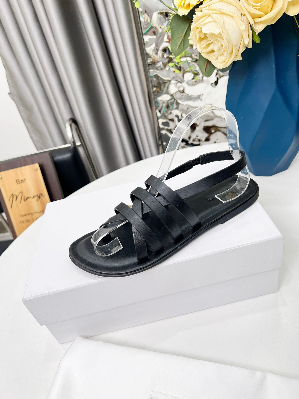 THE ROW 26S MINIMAL STRAPPY FLAT SANDALS IN BLACK CALFSKIN