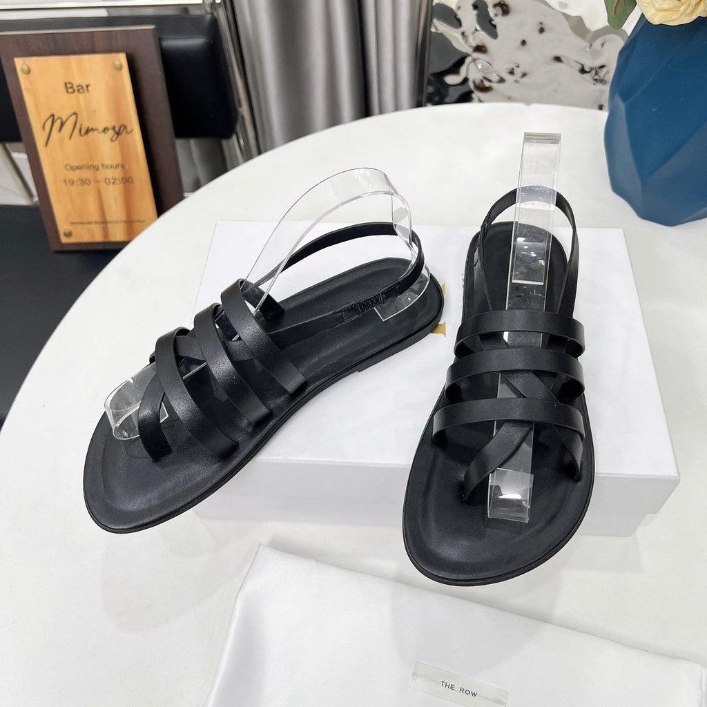 THE ROW 26S MINIMAL STRAPPY FLAT SANDALS IN BLACK CALFSKIN
