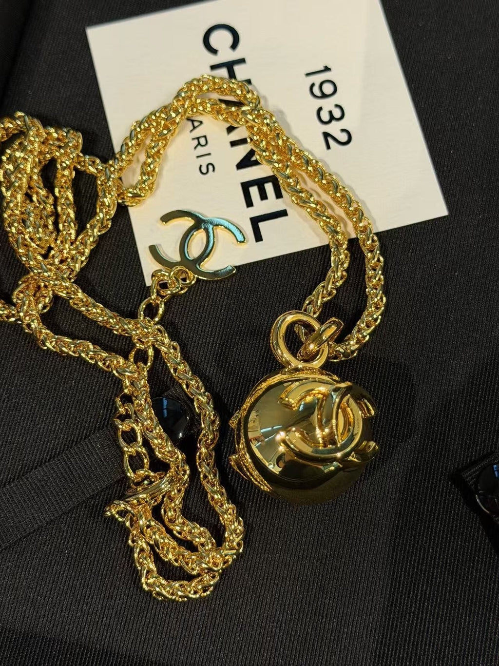 CHANEL 26S DOUBLE C LOGO SPHERE PENDANT CHAIN NECKLACE IN GOLD METAL 630892