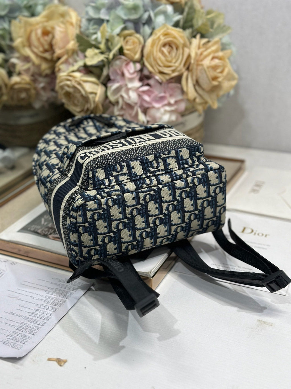 DIOR 26S TRAVEK BACKPACK 21 IN BLUE OBLIQUE JACQUARD