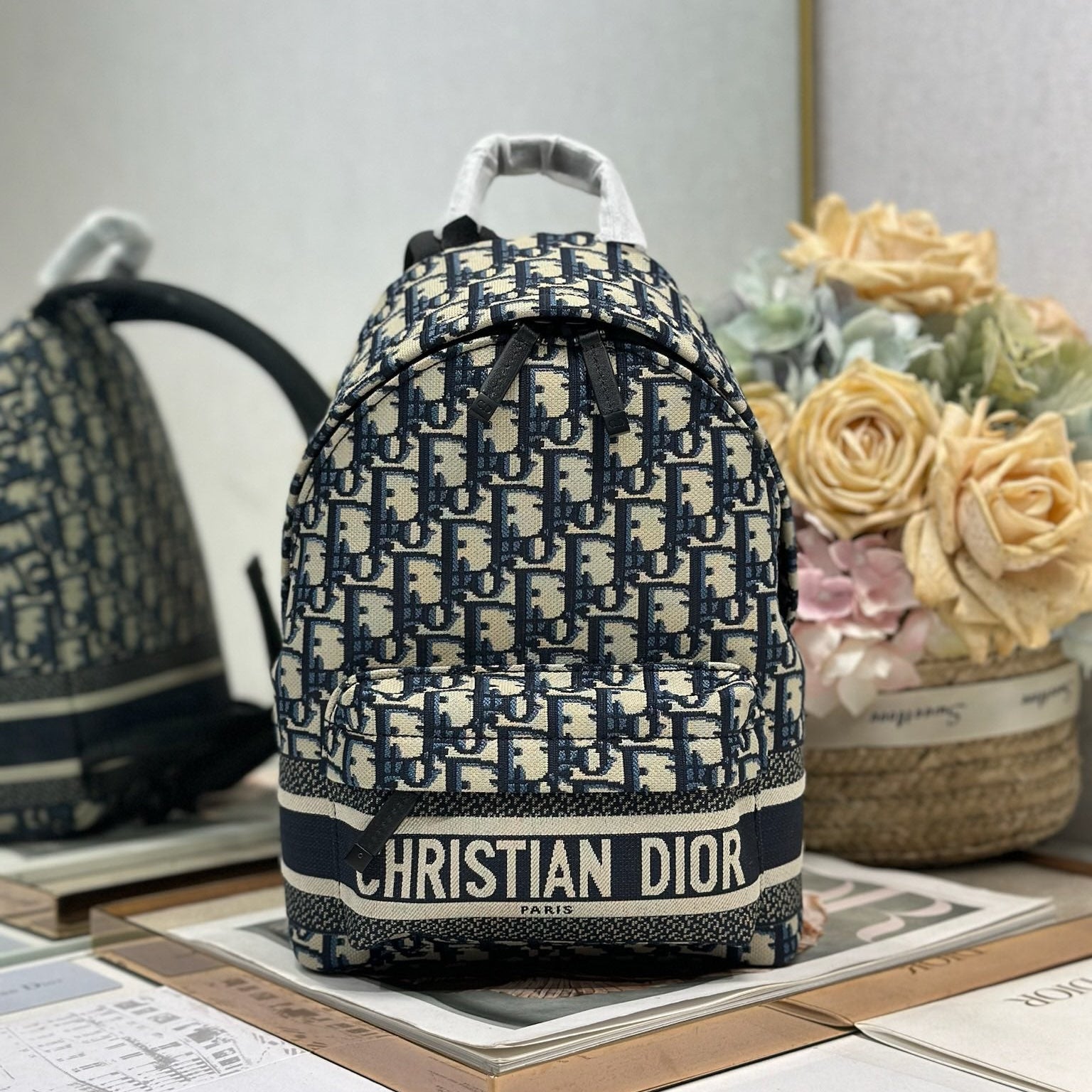 DIOR 26S TRAVEK BACKPACK 21 IN BLUE OBLIQUE JACQUARD