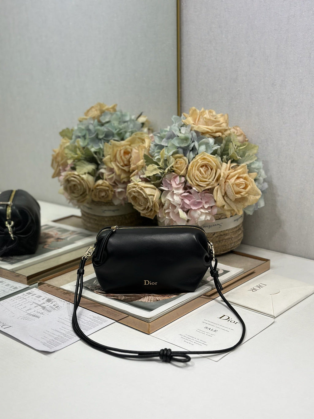 DIOR 26S BOW POUCH BAG 20 IN BLACK LAMBSKIN