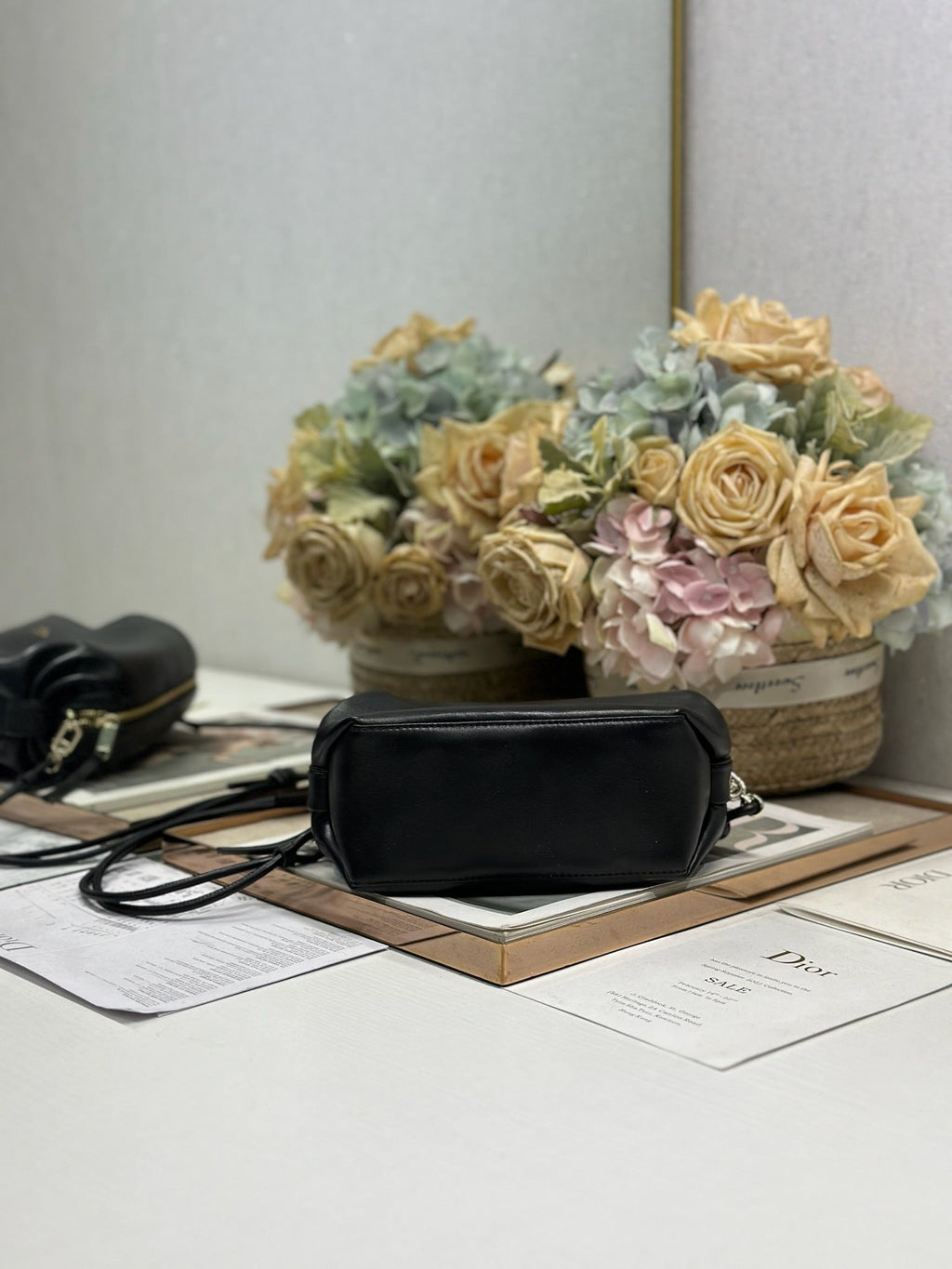 DIOR 26S BOW POUCH BAG 20 IN BLACK LAMBSKIN