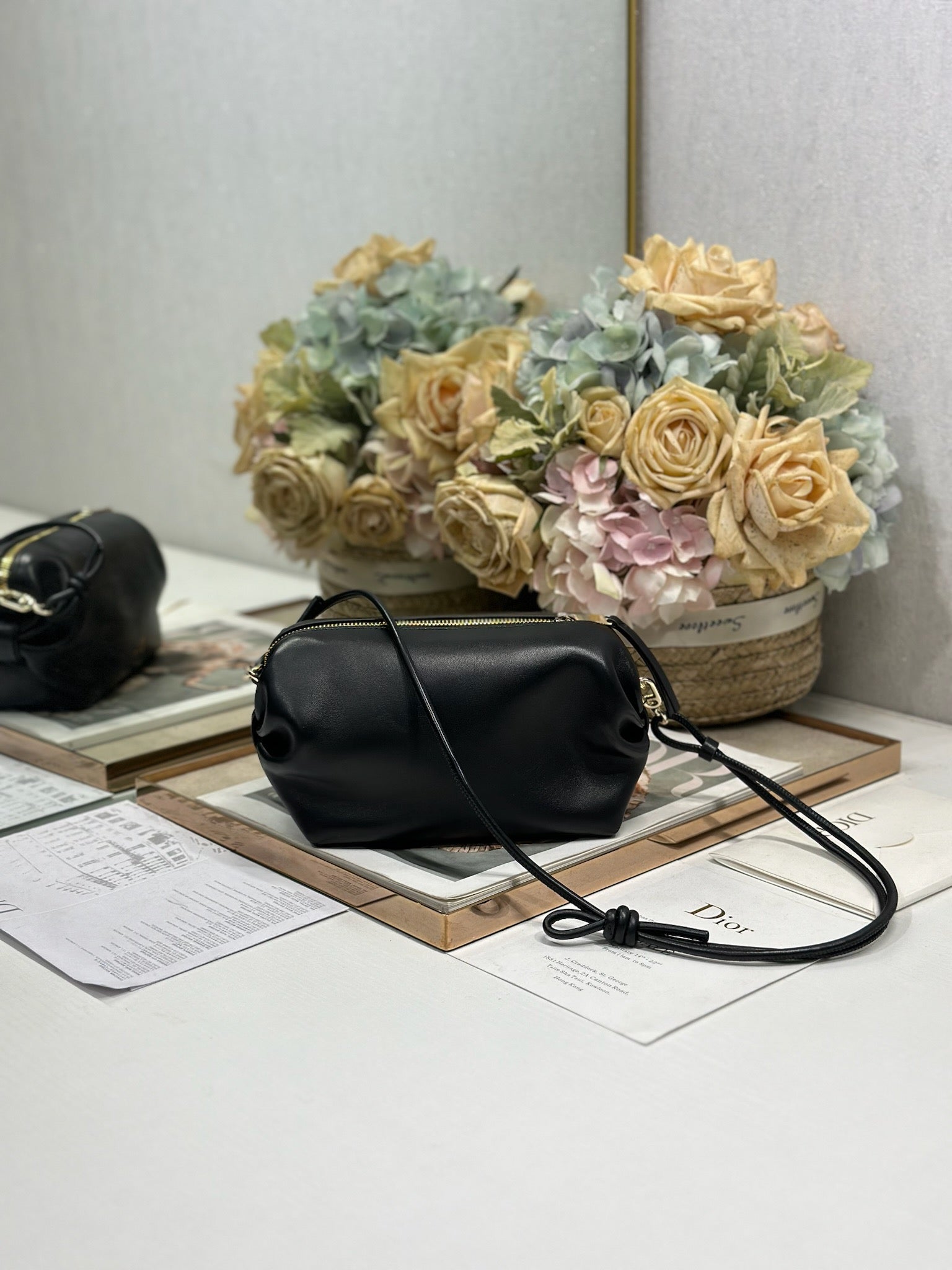 DIOR 26S BOW POUCH BAG 20 IN BLACK LAMBSKIN