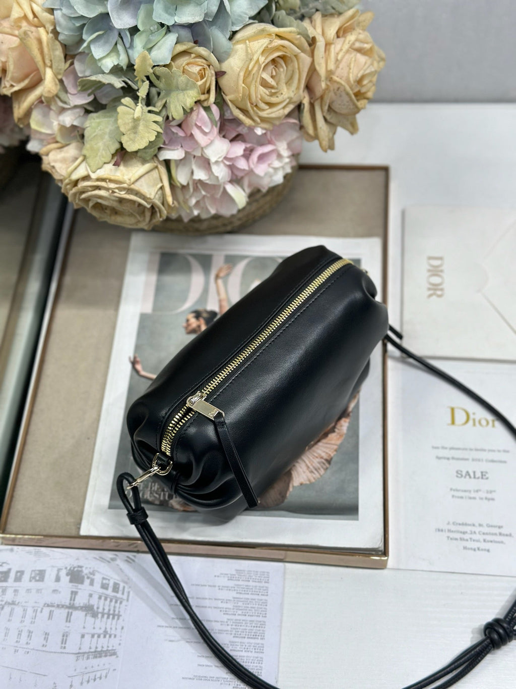 DIOR 26S BOW POUCH BAG 20 IN BLACK LAMBSKIN