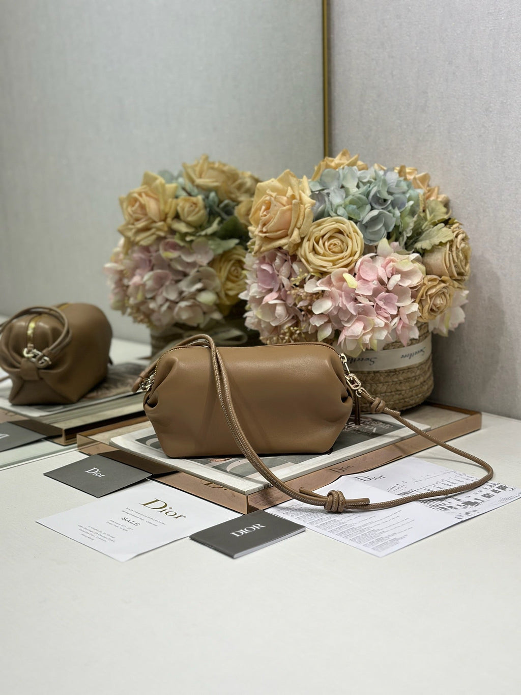 DIOR 26S BOW POUCH BAG 20 IN BROWN LAMBSKIN