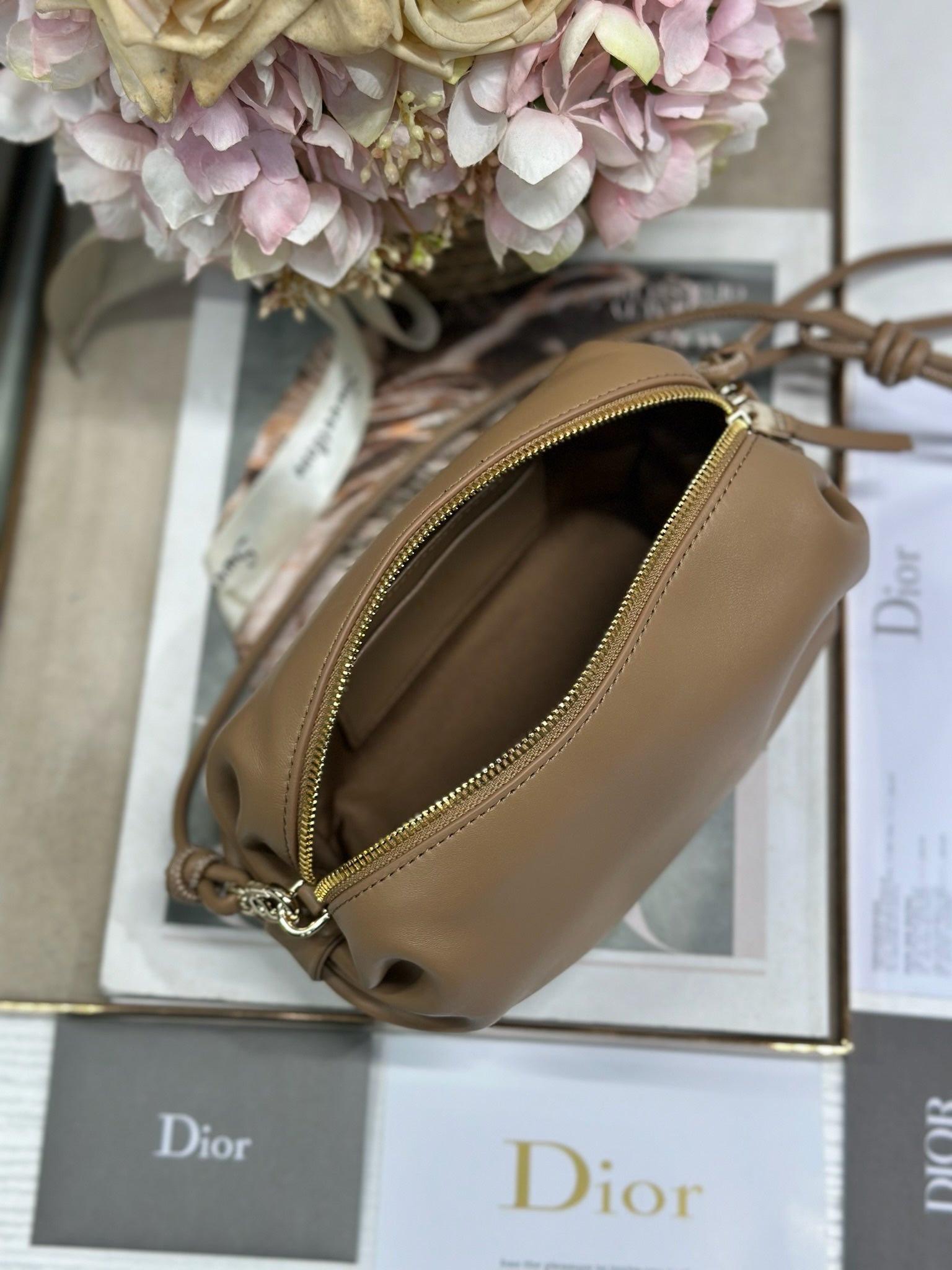 DIOR 26S BOW POUCH BAG 20 IN BROWN LAMBSKIN