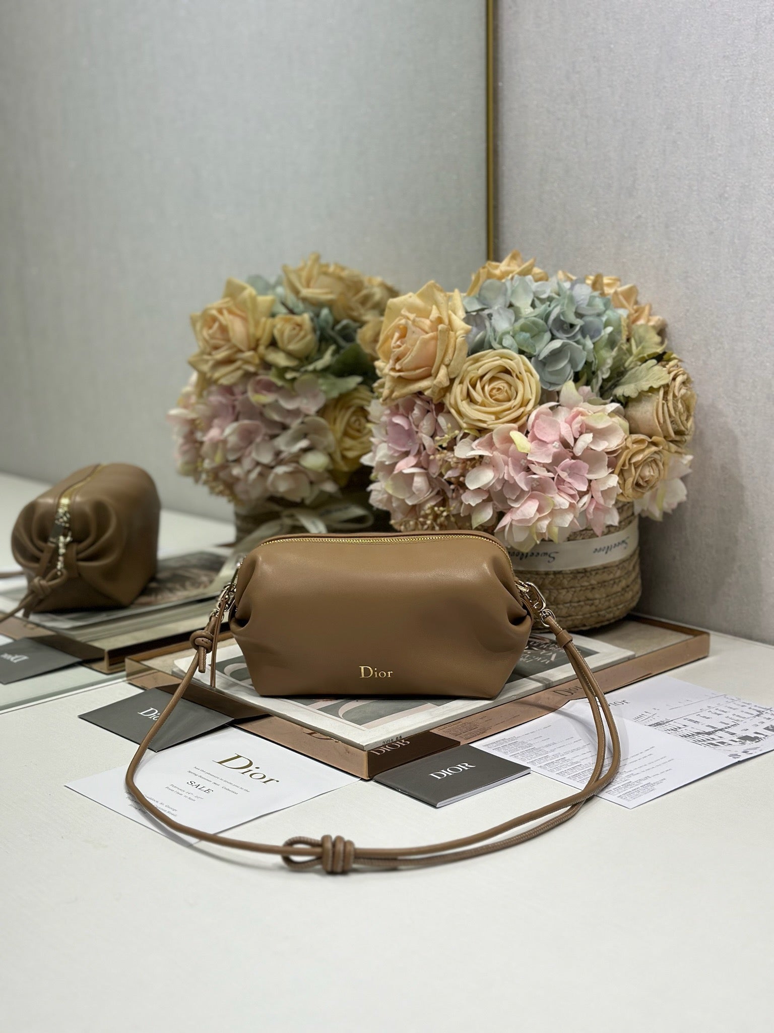 DIOR 26S BOW POUCH BAG 20 IN BROWN LAMBSKIN