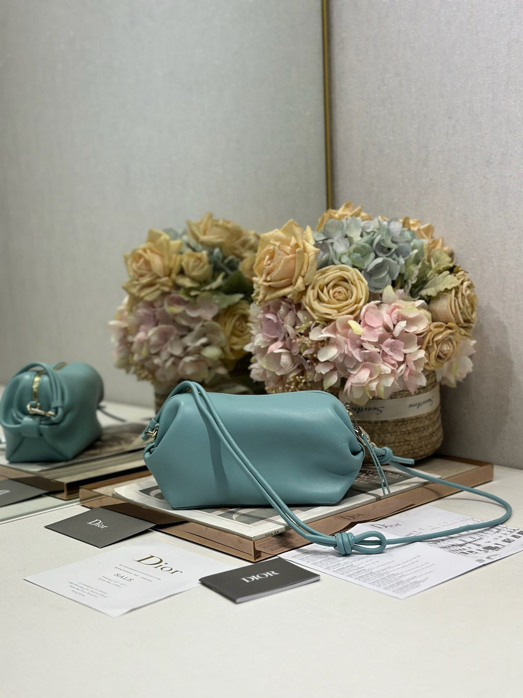 DIOR 26S BOW POUCH BAG 20 IN BLUE LAMBSKIN