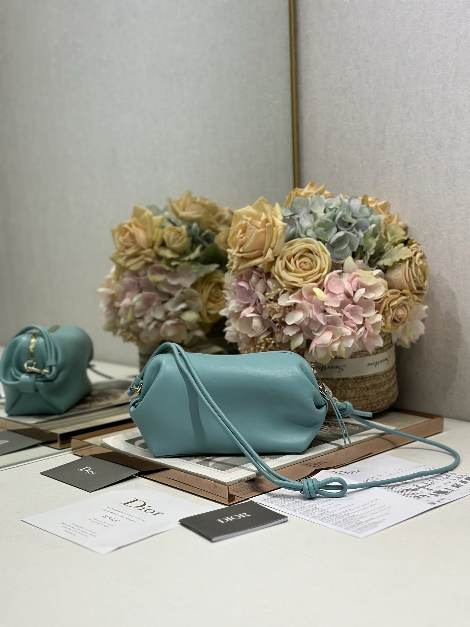 DIOR 26S BOW POUCH BAG 20 IN BLUE LAMBSKIN