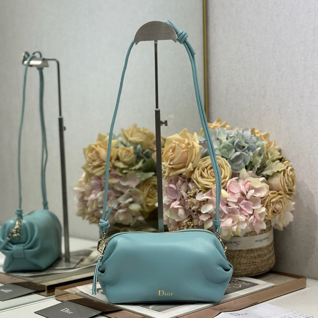 DIOR 26S BOW POUCH BAG 20 IN BLUE LAMBSKIN