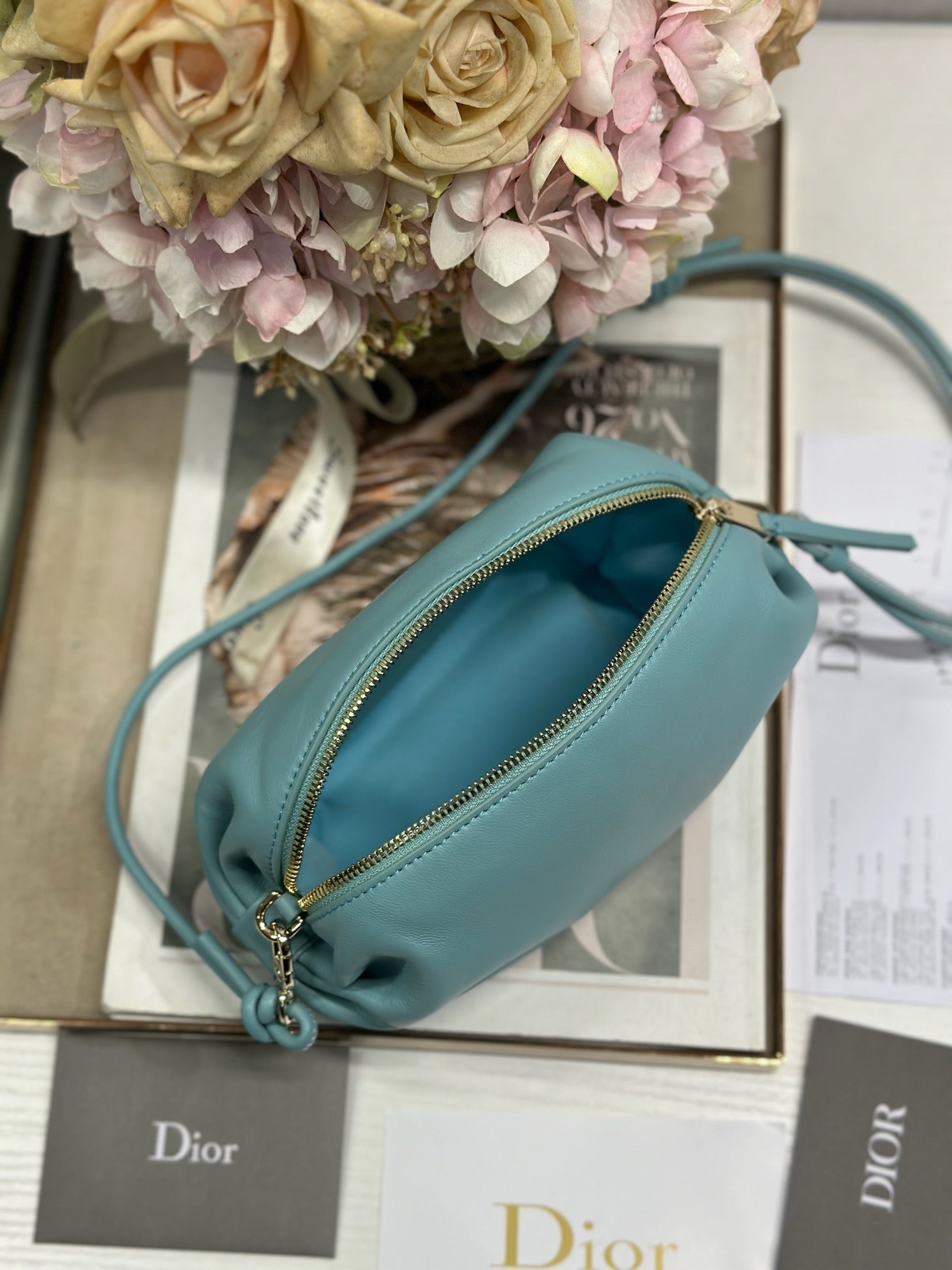 DIOR 26S BOW POUCH BAG 20 IN BLUE LAMBSKIN