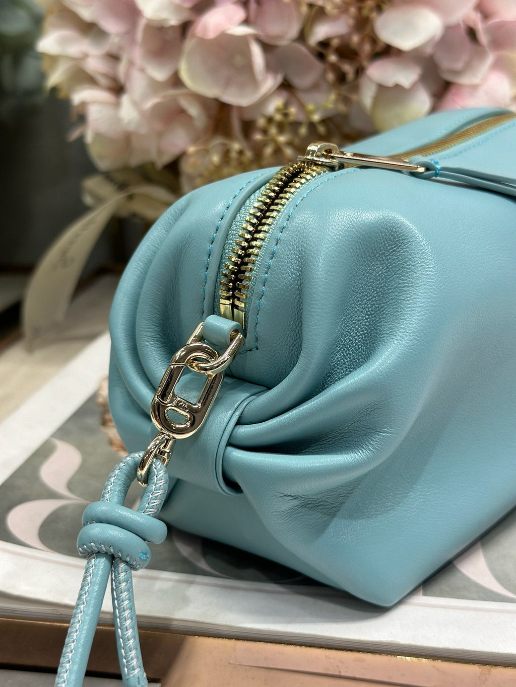 DIOR 26S BOW POUCH BAG 20 IN BLUE LAMBSKIN