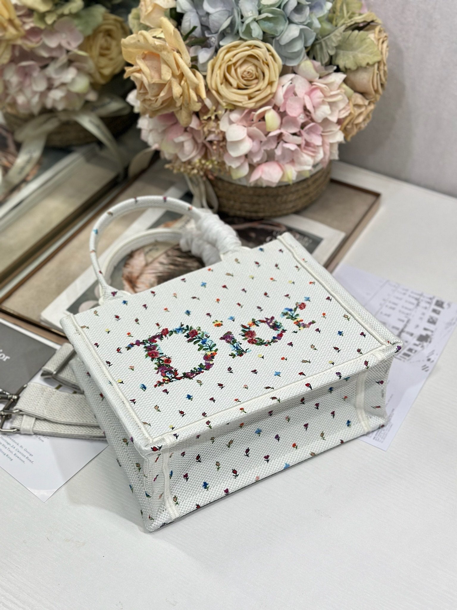 DIOR 26S BOOK TOTE BAG 26 IN MULTICOLOR MICRO FLORAL BAYADERE FABRIC