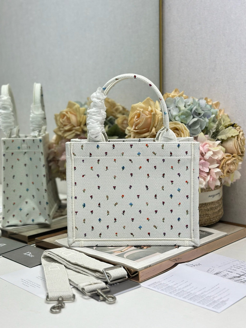 DIOR 26S BOOK TOTE BAG 26 IN MULTICOLOR MICRO FLORAL BAYADERE FABRIC